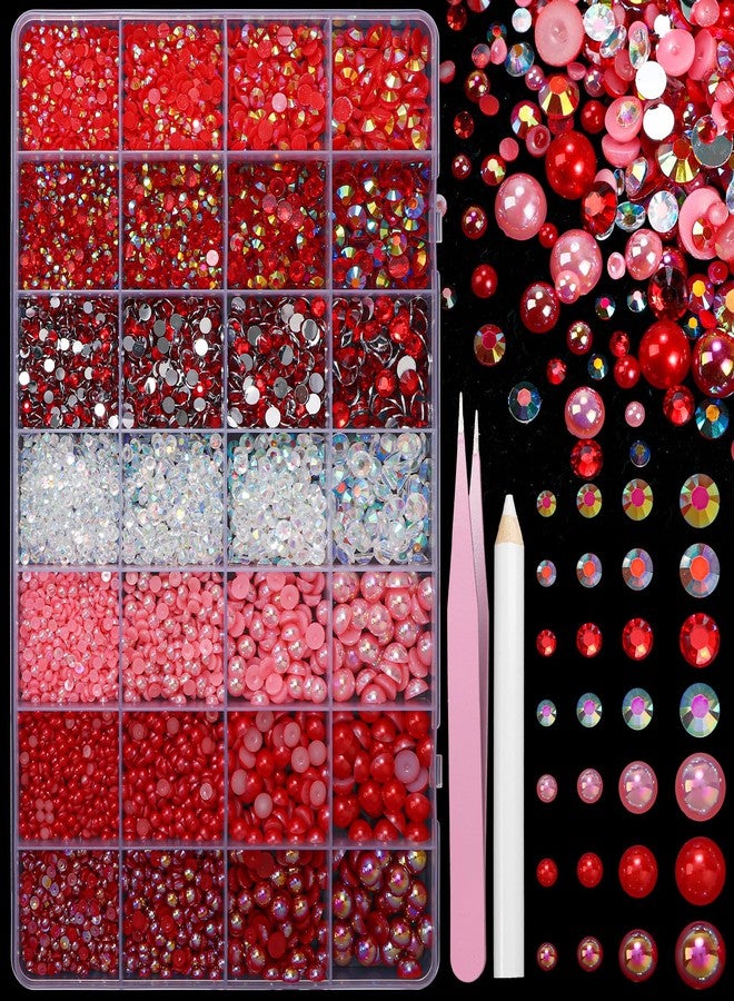 CESUSME 22000 Pcs Red Flatback Pearls and Rhinestones for Crafting, Resin Rhinestones Gems Pearls for Bedazzling, Mixed Size 3-6mm Half Pearl Gems for Nails Face Eyes Makeup Bottles Shoes DIY Crafts - Image 1